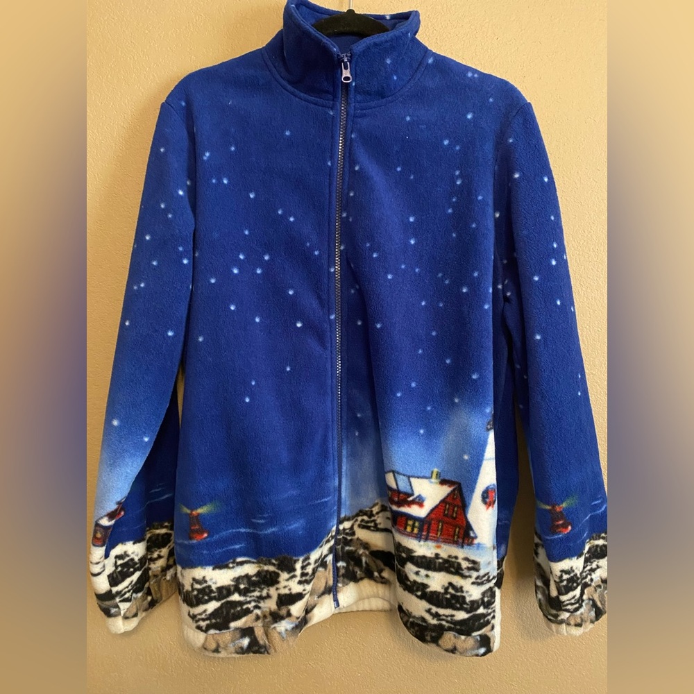 Blair Blue Winter Scene Snow Lighthouse Fleece Jacket Women Size Medium Vintage